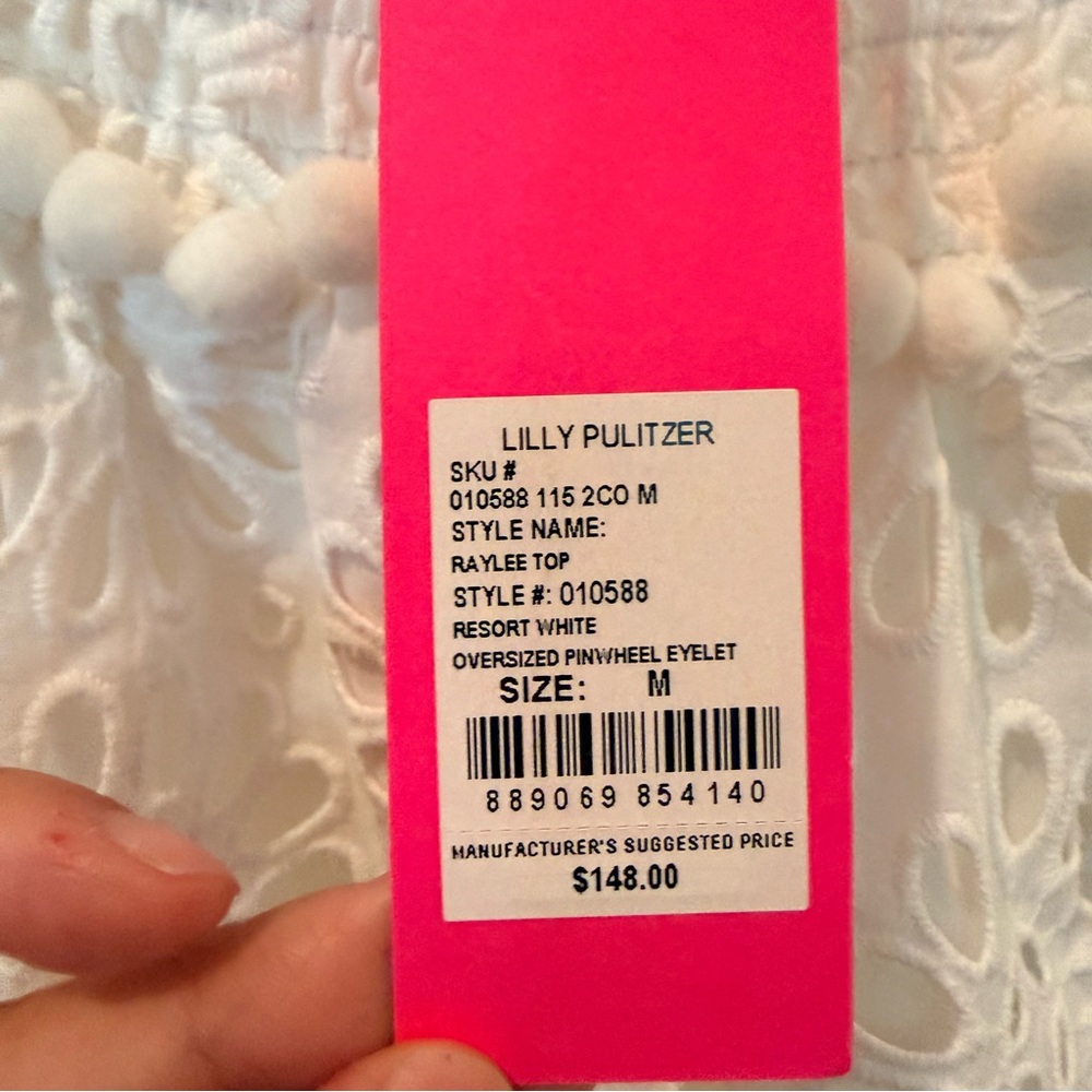 Your summer goto Lilly Pulitzer White Eyelet Off-Shoulder Tunic with PomPom Trim - Picture 7 of 10